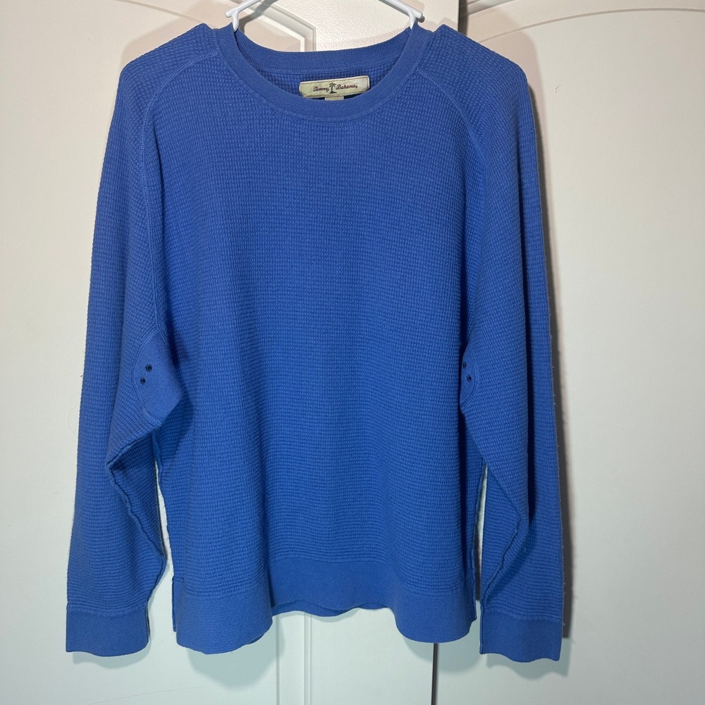 Tommy Bahama Mens XL Blue Cotton Cashmere Blend Waffle Knit Crew Neck Sweater‎